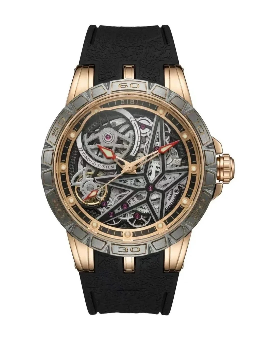 BiBi Rose Gold Skeleton Mechanical Watch with Black Strap and Red Accents